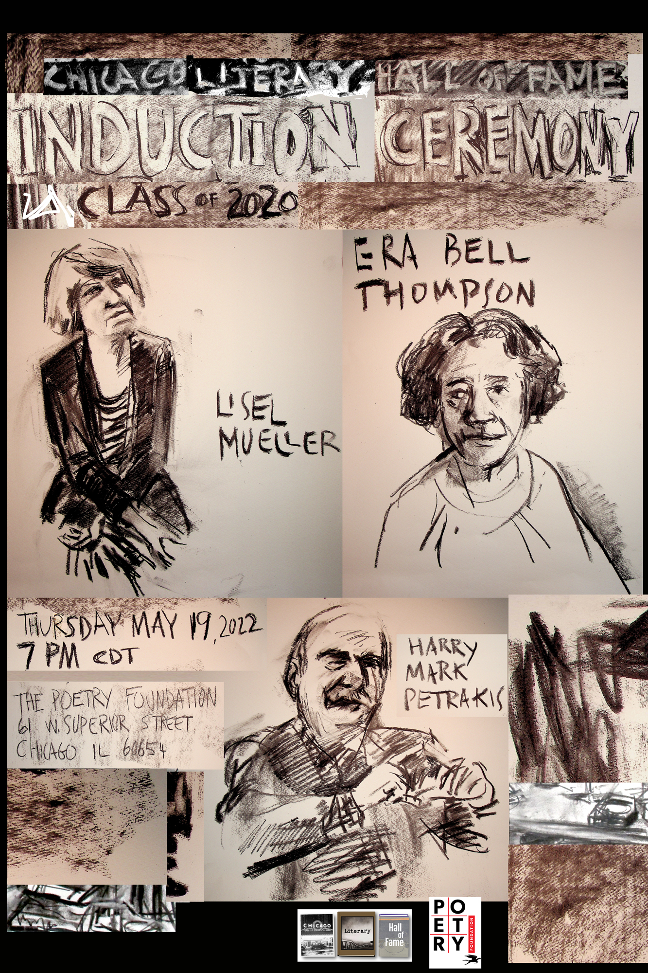 Chicago Literary Hall of Fame Class of 2020 Poster featuring Harry Mark Petrakis, Era Bell Thompson, and Lisel Mueller